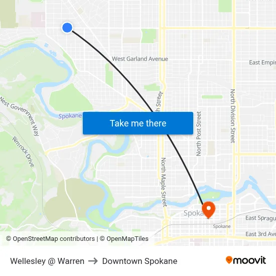 Wellesley @ Warren to Downtown Spokane map