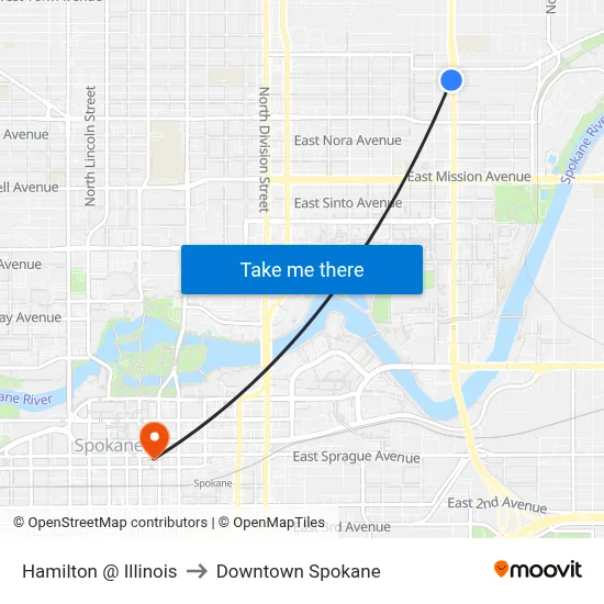 Hamilton @ Illinois to Downtown Spokane map