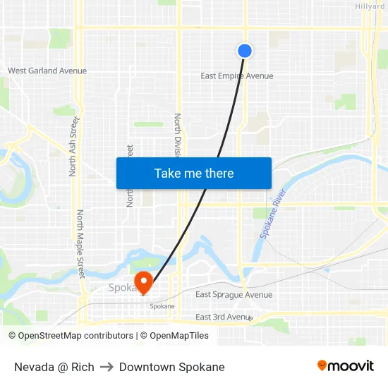 Nevada @ Rich to Downtown Spokane map
