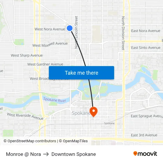 Monroe @ Nora to Downtown Spokane map
