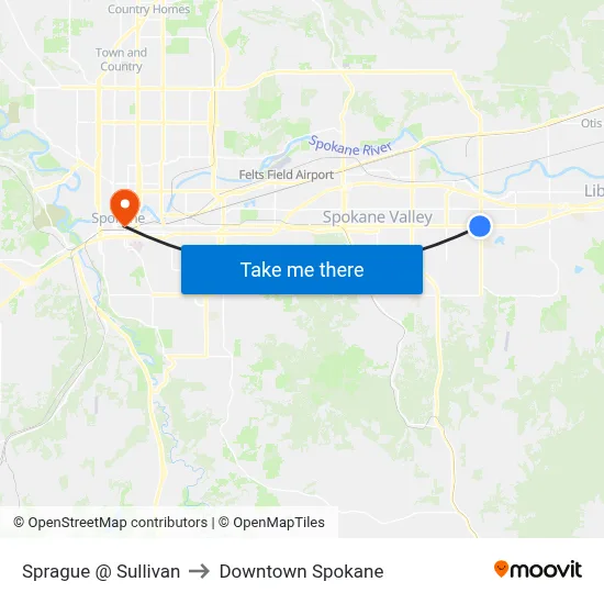 Sprague @ Sullivan to Downtown Spokane map