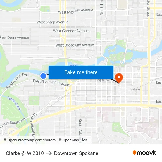 Clarke @ W 2010 to Downtown Spokane map