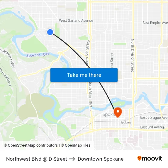 Northwest Blvd @ D Street to Downtown Spokane map