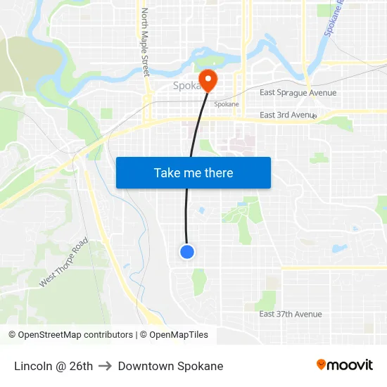 Lincoln @ 26th to Downtown Spokane map