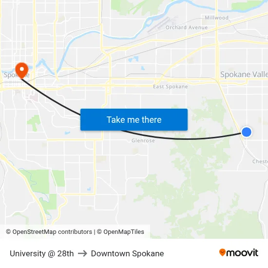 University @ 28th to Downtown Spokane map