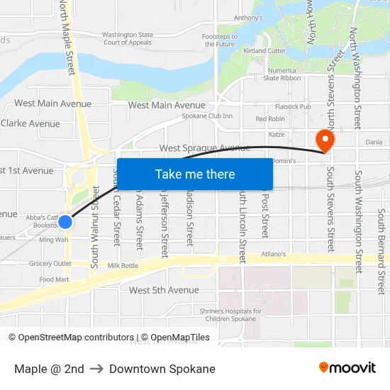 Maple @ 2nd to Downtown Spokane map