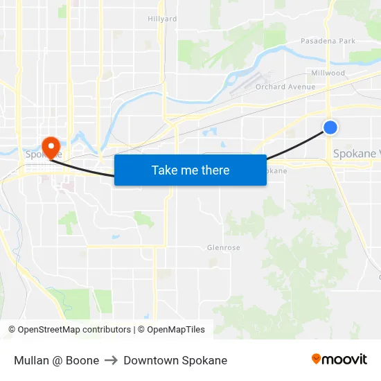 Mullan @ Boone to Downtown Spokane map
