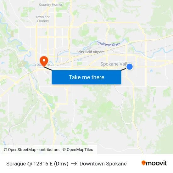 Sprague @ 12816 E (Dmv) to Downtown Spokane map