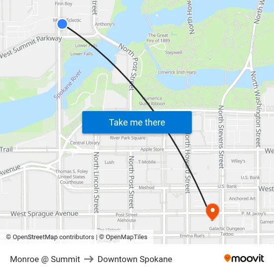 Monroe @ Summit to Downtown Spokane map