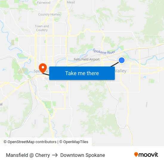 Mansfield @ Cherry to Downtown Spokane map