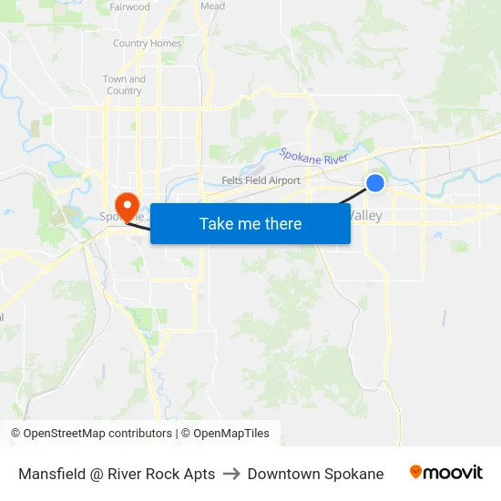 Mansfield @ River Rock Apts to Downtown Spokane map