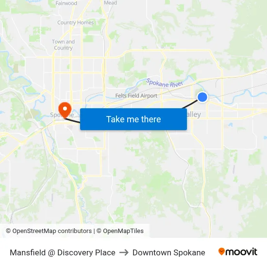Mansfield @ Discovery Place to Downtown Spokane map