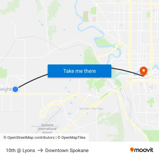 10th @ Lyons to Downtown Spokane map