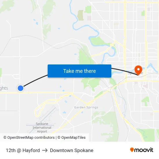 12th @ Hayford to Downtown Spokane map