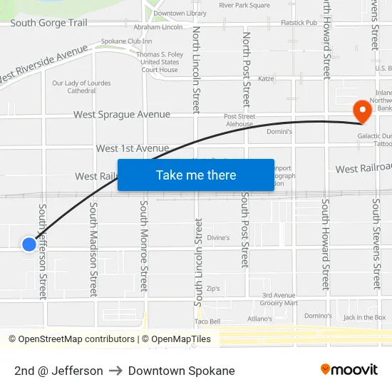 2nd @ Jefferson to Downtown Spokane map