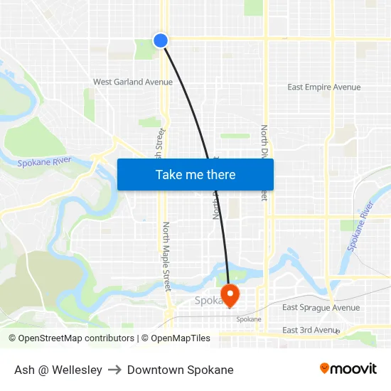 Ash @ Wellesley to Downtown Spokane map