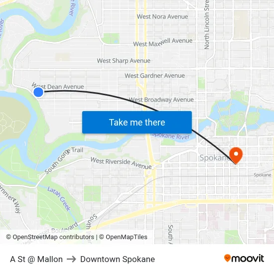 A St @ Mallon to Downtown Spokane map