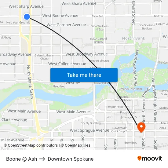 Boone @ Ash to Downtown Spokane map