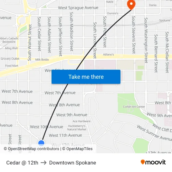 Cedar @ 12th to Downtown Spokane map