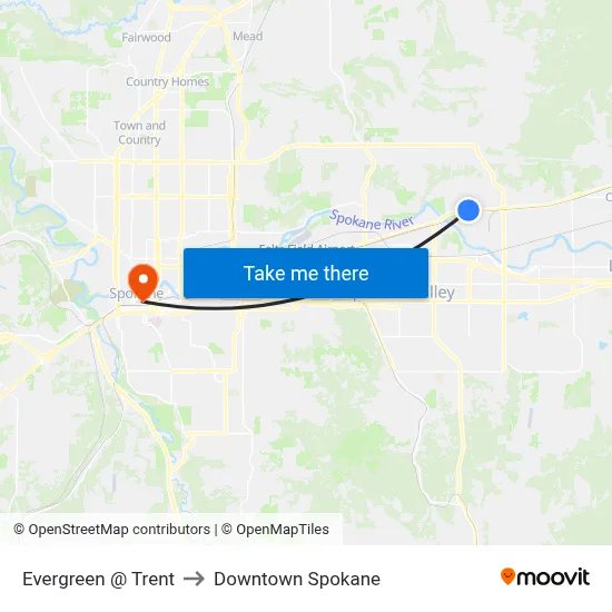 Evergreen @ Trent to Downtown Spokane map