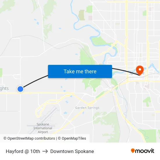 Hayford @ 10th to Downtown Spokane map