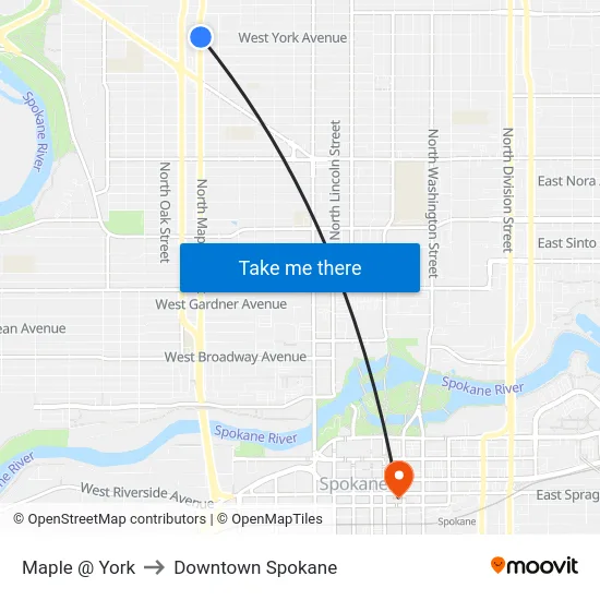 Maple @ York to Downtown Spokane map