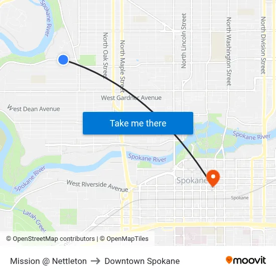 Mission @ Nettleton to Downtown Spokane map