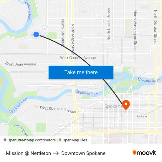 Mission @ Nettleton to Downtown Spokane map