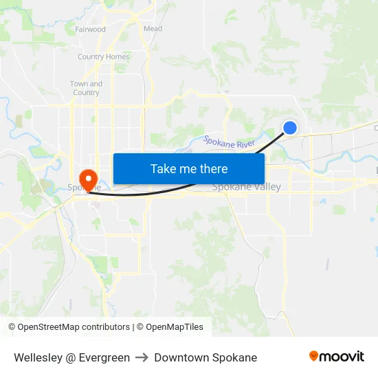 Wellesley @ Evergreen to Downtown Spokane map