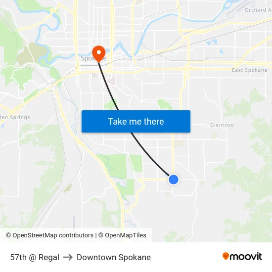 57th @ Regal to Downtown Spokane map