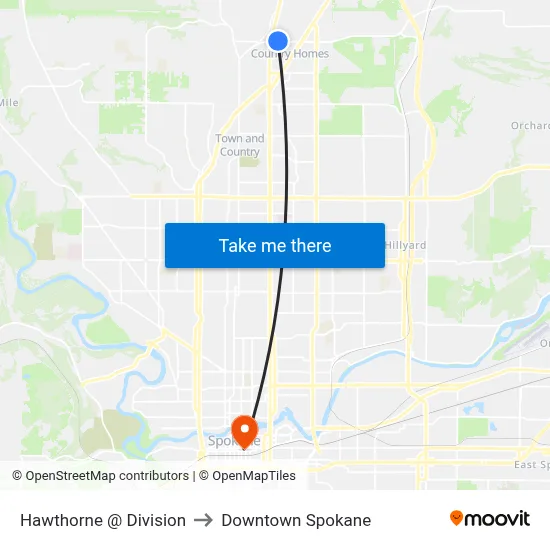 Hawthorne @ Division to Downtown Spokane map