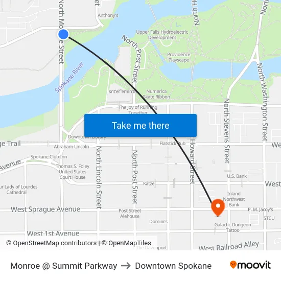 Monroe @ Summit Parkway to Downtown Spokane map