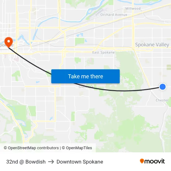 32nd @ Bowdish to Downtown Spokane map
