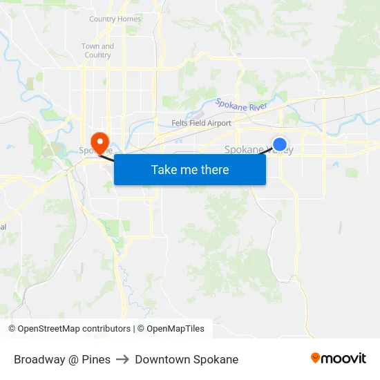 Broadway @ Pines to Downtown Spokane map