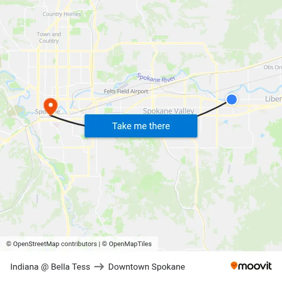 Indiana @ Bella Tess to Downtown Spokane map