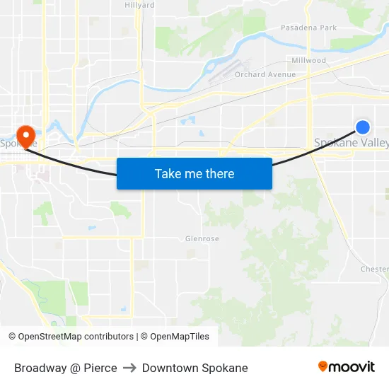 Broadway @ Pierce to Downtown Spokane map