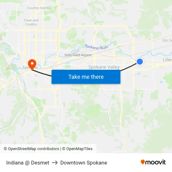 Indiana @ Desmet to Downtown Spokane map