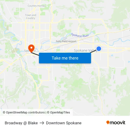 Broadway @ Blake to Downtown Spokane map