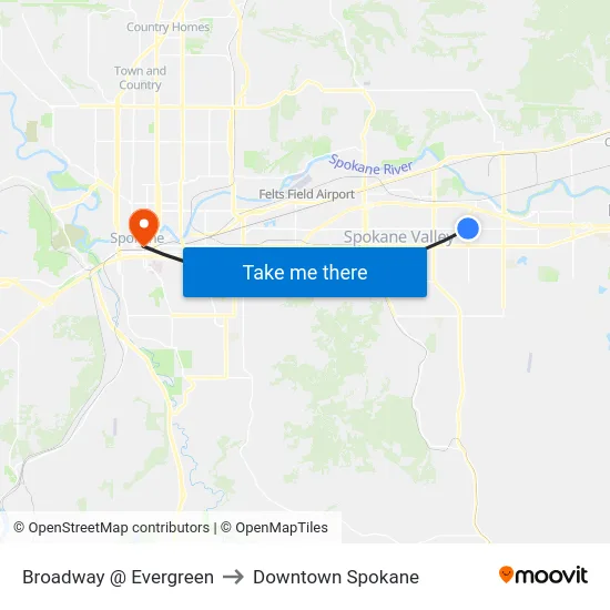 Broadway @ Evergreen to Downtown Spokane map