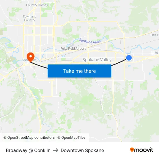 Broadway @ Conklin to Downtown Spokane map