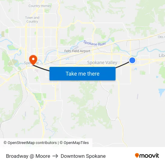 Broadway @ Moore to Downtown Spokane map
