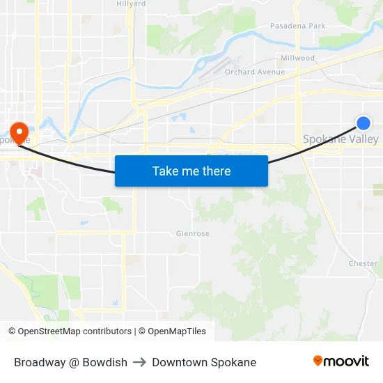 Broadway @ Bowdish to Downtown Spokane map