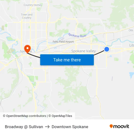 Broadway @ Sullivan to Downtown Spokane map