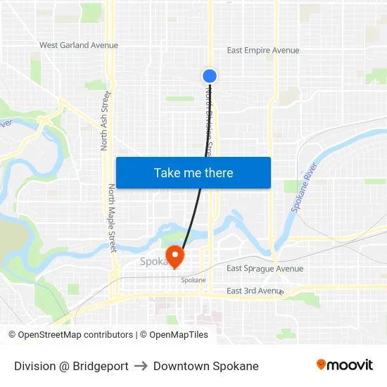 Division @ Bridgeport to Downtown Spokane map