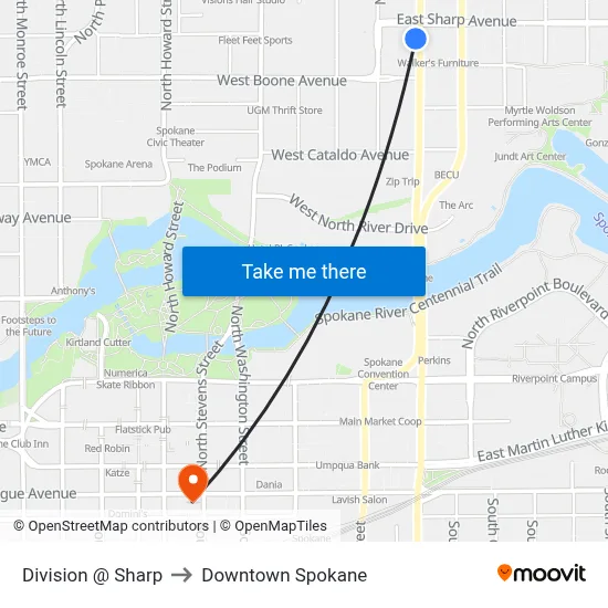 Division @ Sharp to Downtown Spokane map