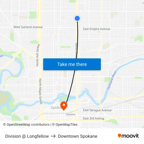 Division @ Longfellow to Downtown Spokane map