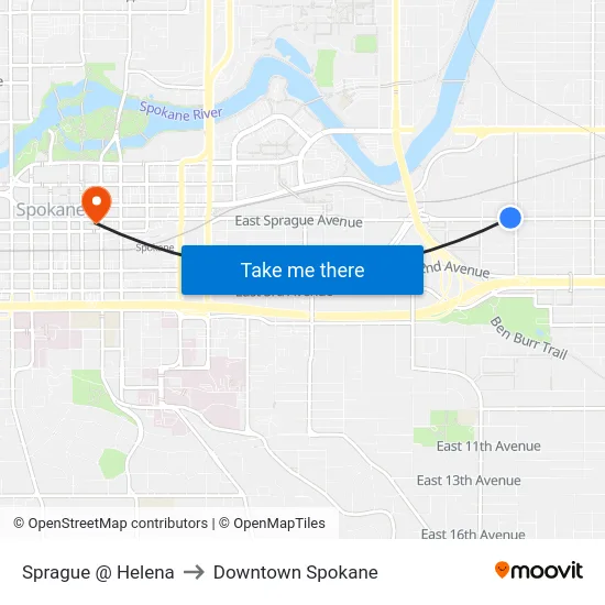 Sprague @ Helena to Downtown Spokane map