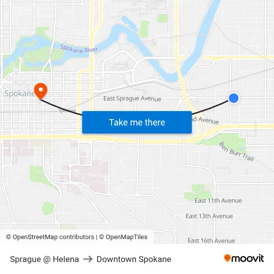 Sprague @ Helena to Downtown Spokane map