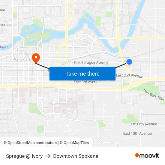 Sprague @ Ivory to Downtown Spokane map