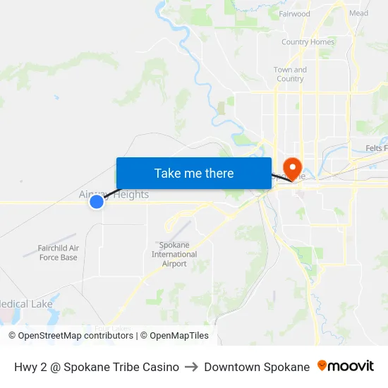 Hwy 2 @ Spokane Tribe Casino to Downtown Spokane map